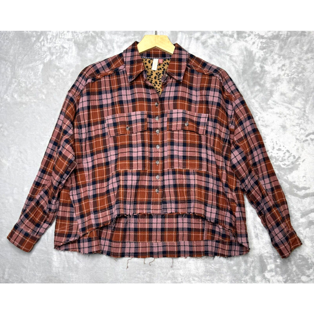 Anthropologie Pilcro Top Womens XS Brown Pink Plaid Button Front Boxy Raw Crop